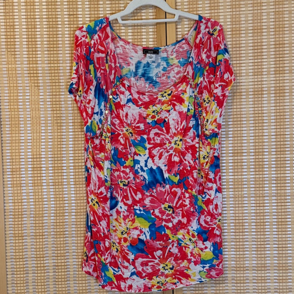 Lark Lane Womens XL Floral Sequin Studded Short Sleeve Top Multi-Color Slub Knit